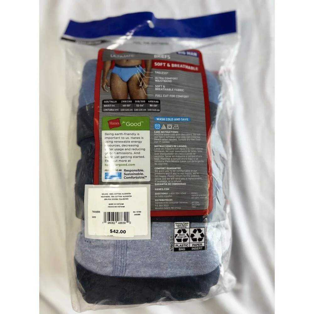 Hanes Briefs Men 3XB Multi Ultimate Big Man Tagless 6-Pack 7839B6 52-54” NEW